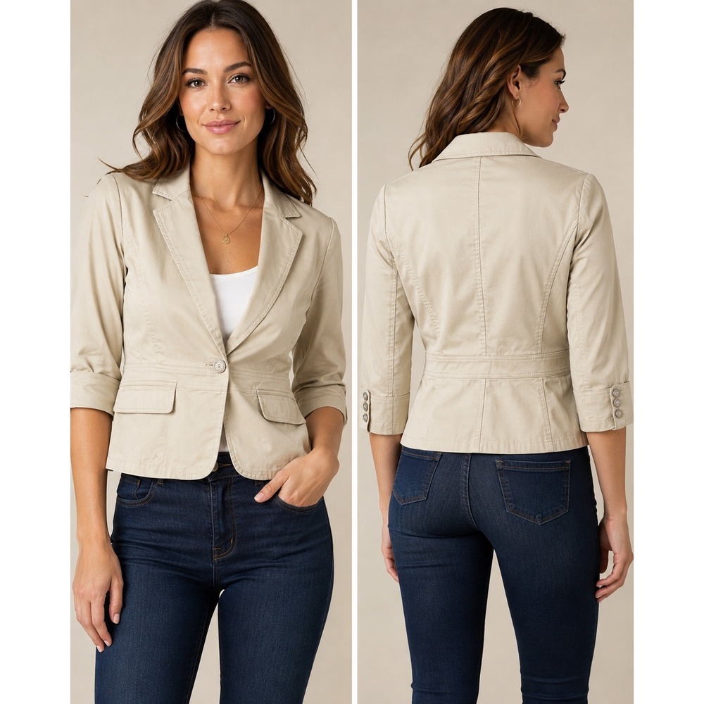 Valerie Stevens Women's Cropped Blazer Jacket Beige Khaki Stretch Cotton Size 10